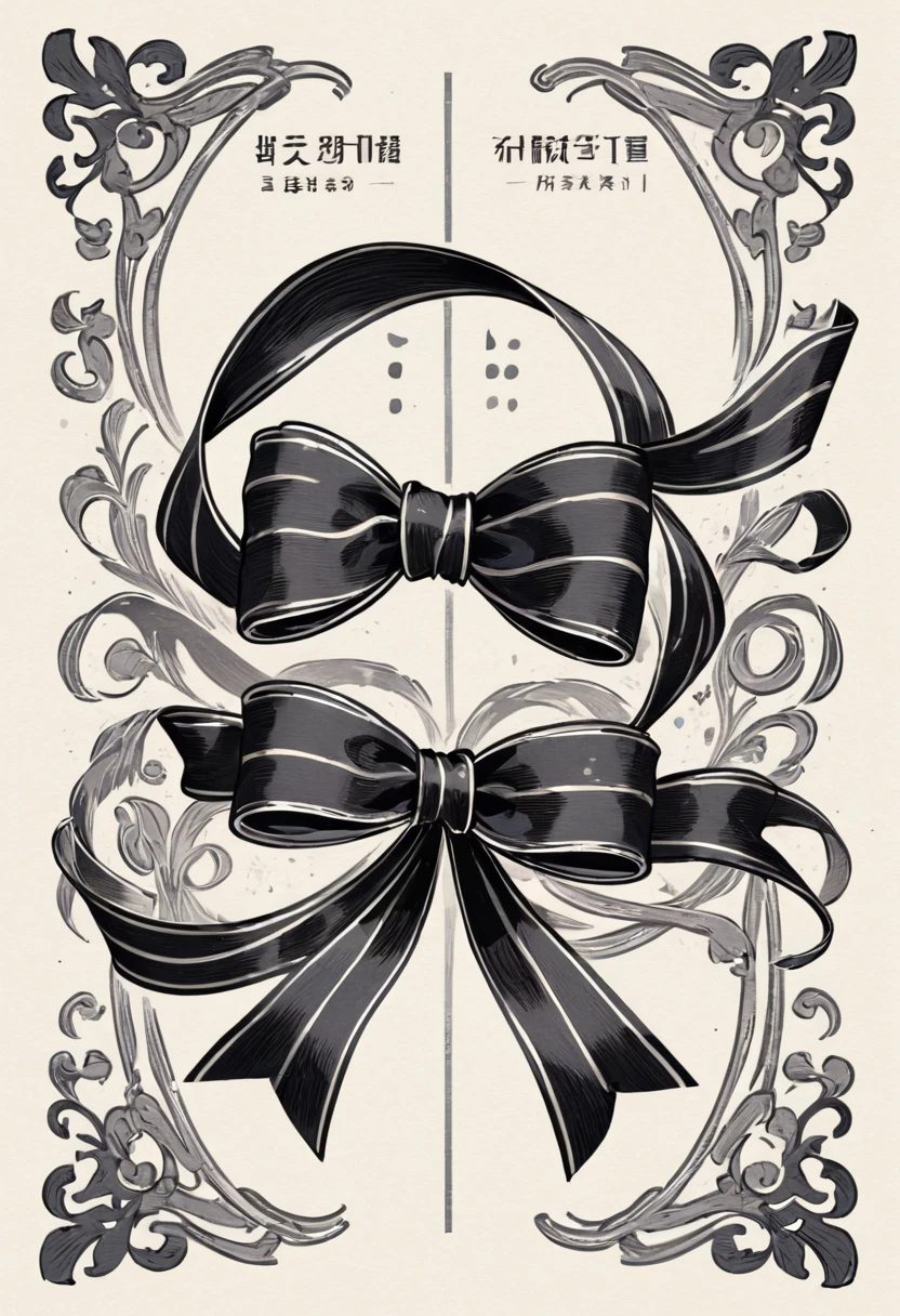 masterpiece、super beautiful、８K、Asymmetric、Two long, wavy ribbons、flat、An illustration of a ribbon tied in a bowknot, drawn with worn lines in the style of medieval black and white letterpress printing.