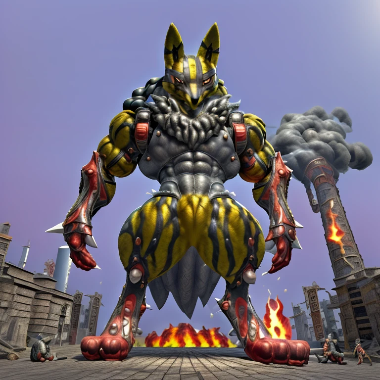 (masterpiece. official art. 8k. best quality. detailed full body. full body.)
(situation 1 : dominating Shiny_Mega_Lucario. Shiny_Mega_Lucario is over 1000 meters long. focus GIANT mechanical Muscular Shiny_Mega_Lucario is trampling the city. Looking down. macro. stomp. Low-angle perspective. emphasizing the immense size.)
(situation 2 :smoke and flames rising from the destruction in the city)
(Additional details 1: wearing a full-face helmet. high-tech bio-mecha armor. real texture material. whole body shines like metal. Wearing cyberpunk mecha. emphasizes the muscles. suit fully made of metal. intricate armor. Robotic suit. suit fully made of metal. cyborg. Powered exoskeleton with the same design as Shiny_Mega_Lucario).
(Additional details 2: (Detailed head. Detailed Body. Detailed abs. gigantic muscles. HYPER MUSCLES. Gigachad Muscular. big muscle. pecs. triceps. traps. unusually developed muscular body. body full of huge muscles. showing off muscles. pectorales enormes. Exaggeratedly huge muscles. huge muscles. long legs.).