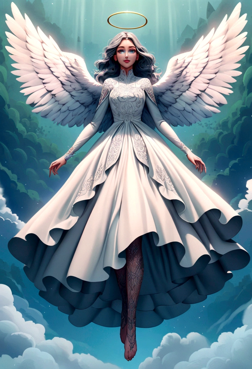 beautiful Angel, Wearing a gorgeous dress that covers the whole body, luxurly gawn,Floating in the air, angel wings, angel ring, outdoor, detailed face, detailed eyes, detailed lips, detailed nose, detailed foot, full body shot