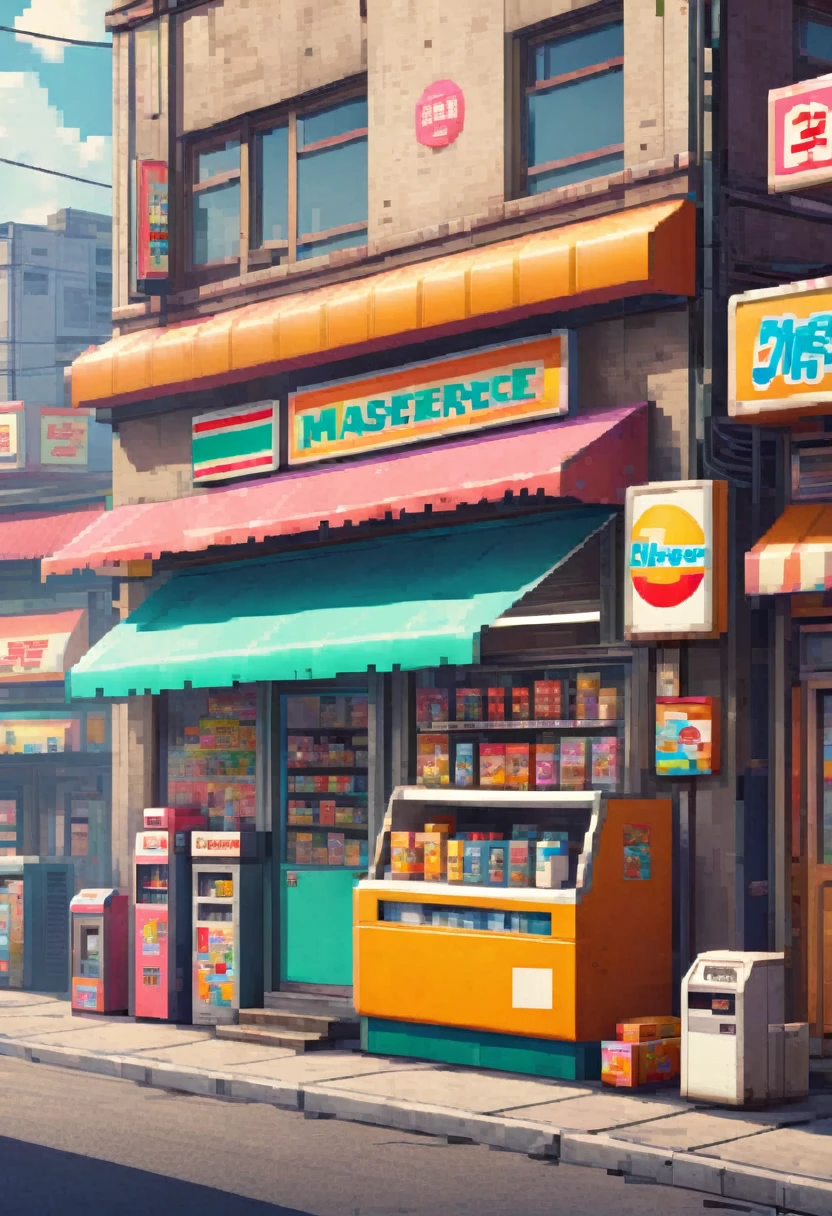 Retro game, Retro style convenience store landscape, (Masterpiece, Top quality, Perfect composition, Very beautiful, Absurd, Super details, Intricate details, Professional, Official art, Representation: 1.3)