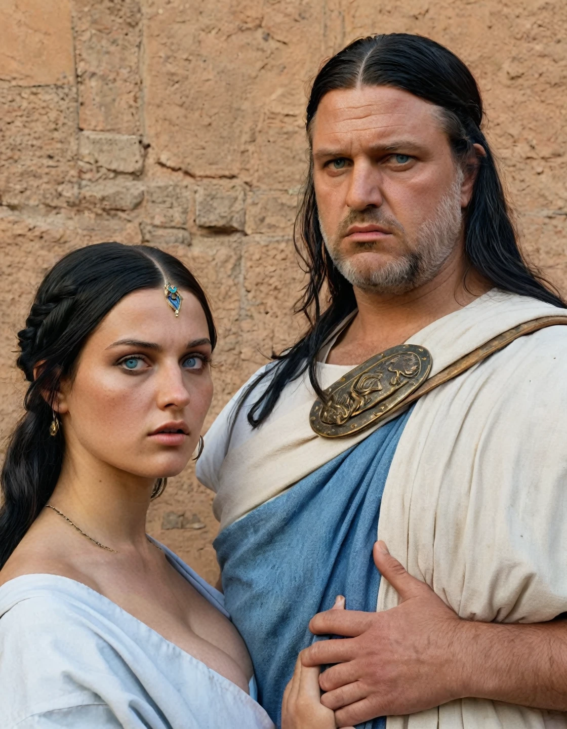 ld roman ugly fat man dressed in (toga entirely made of denim, with rivets, with front pockets) with a sexy 14yo roman woman Mesalina (smiling, long black hair, intense blue eyes, sexy white empress outfit) Casually walking together through ancient Rome 38bc. Fashion photography style. RAW photo, realistic texture, extremely detailed, absurdres, sharp focus, volumetric lighting, subsurface scattering realistic skin, pores, wrinkles, cineamtic, photorealism, uhd