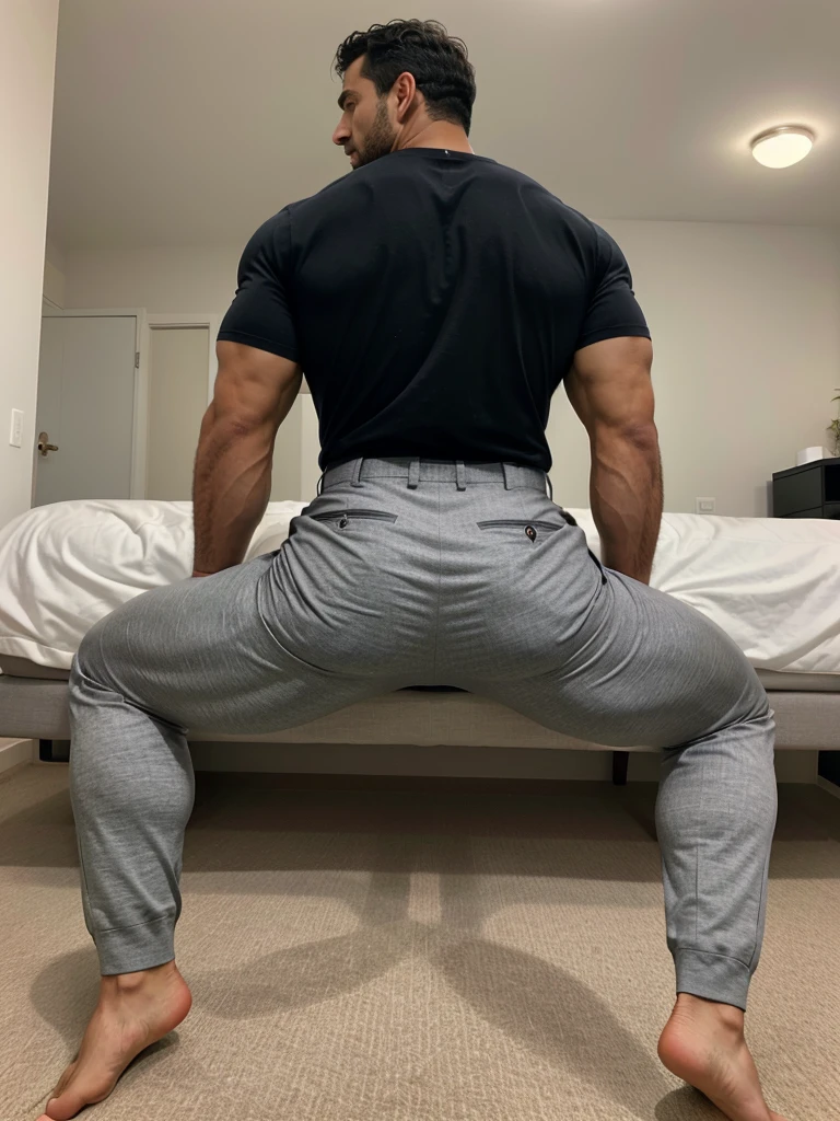 A Hispanic man with a face that looks like Henry Cavill. black man, His body is muscular and he has a toothed beard.. Big , in a moment of reflection. full body. Fajada shirt, semi formal clothing, grey pants, backside.
