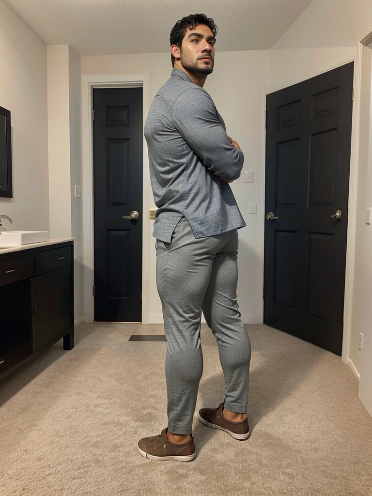 A Hispanic man with a face that looks like Henry Cavill. black man, His body is muscular and he has a toothed beard.. Big Butt, in a moment of reflection. full body. Fajada shirt, semi formal clothing, grey pants, backside.