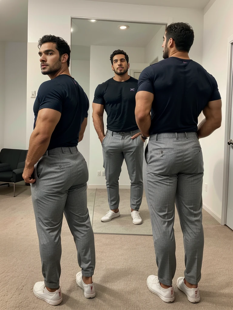 A Hispanic man with a face that looks like Henry Cavill. black man, His body is muscular and he has a toothed beard..  Big Butt, in a moment of reflection. full body. Fajada shirt, semi formal clothing, grey pants, backside. 