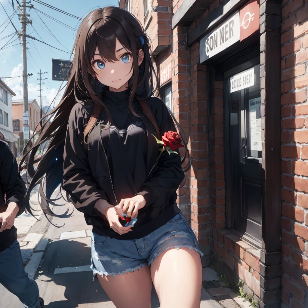 teenage woman ,long Brown hair, blue eyes,Wear black ,colored lights,Morning,street style,racer,holding a rose