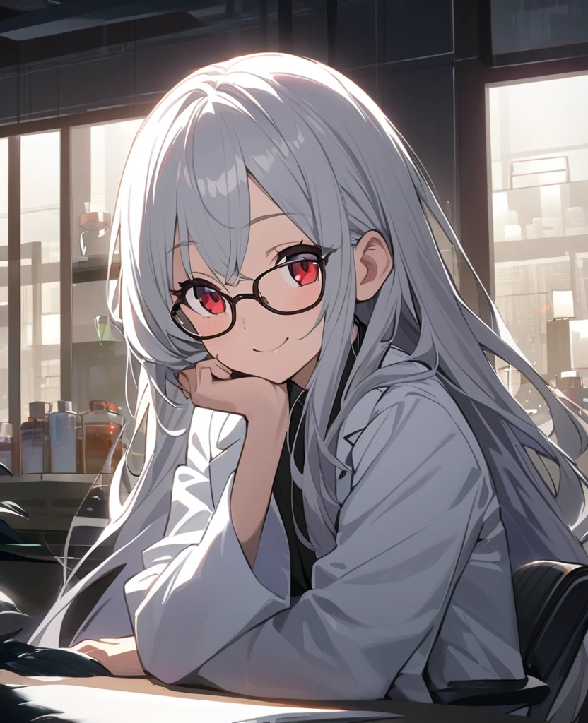 Anime painting:1.2,A , young girl with glasses, very long silver hair, red eyes and a white lab coat is smiling wickedly.:1.2,In a dimly lit laboratory,Composition from the upper body up,Cross-legged on office chair、Posing