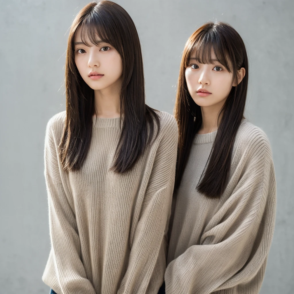 (highest quality、16K resolution)1 girl、solo、natural soft light、small breasts、japanese woman、look at the camera、wearing a black sweater、(concrete background)、facing the front、standing、beaver、Woman in her late teens、light bangs、(long hair)、salon model、natural look、Portrait、floating hair、straight hair、brown hair