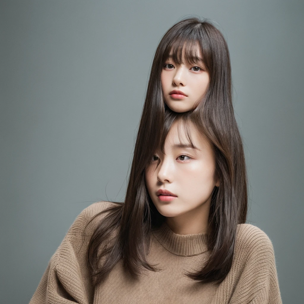 (highest quality、16K resolution)1 girl、solo、natural soft light、small breasts、japanese woman、look at the camera、wearing a black sweater、(concrete background)、facing the front、standing、beaver、Woman in her late teens、light bangs、(long hair)、salon model、natural look、Portrait、floating hair、straight hair、brown hair