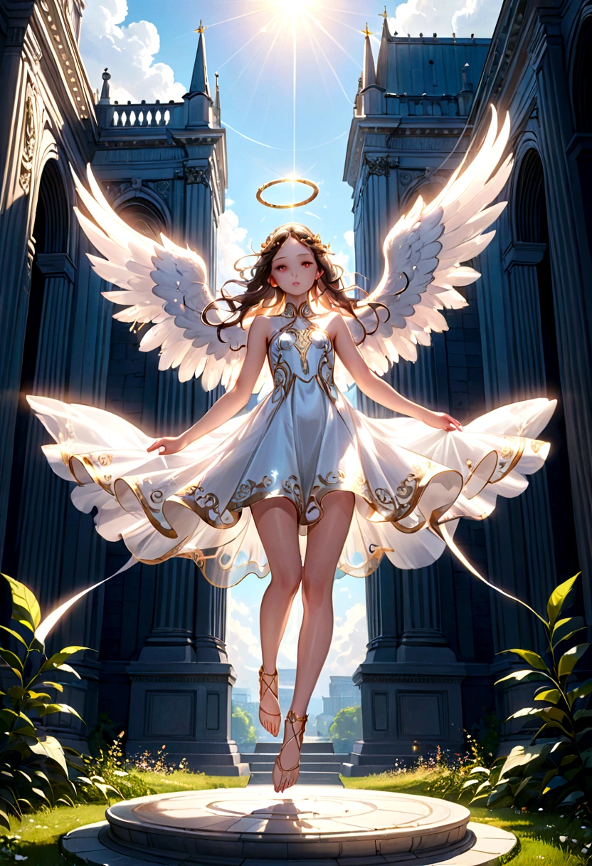 beautiful Angel, Wearing a gorgeous dress that covers the whole body, luxurly gawn,Floating in the air, angel wings, angel ring, outdoor, detailed face, detailed eyes, detailed lips, detailed nose, detailed foot, full body shot