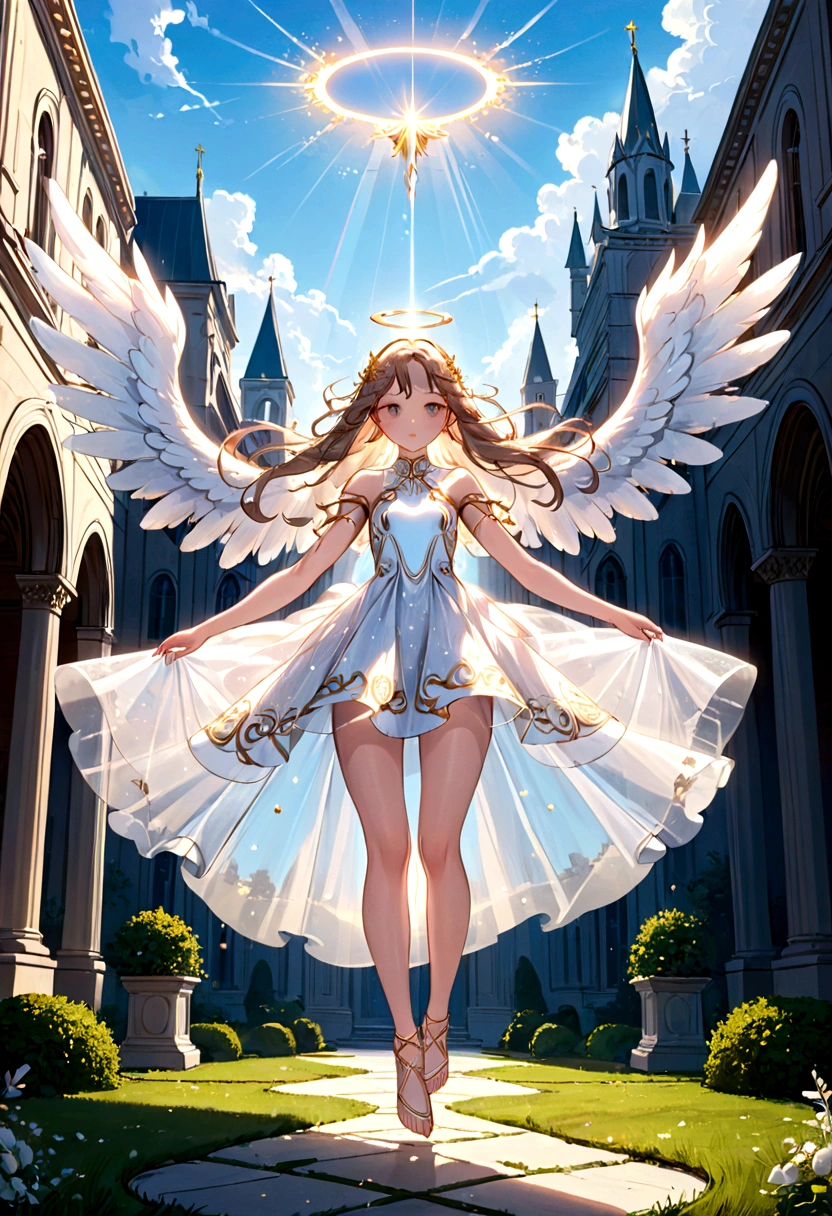 beautiful Angel, Wearing a gorgeous dress that covers the whole body, luxurly gawn,Floating in the air, angel wings, angel ring, outdoor, detailed face, detailed eyes, detailed lips, detailed nose, detailed foot, full body shot