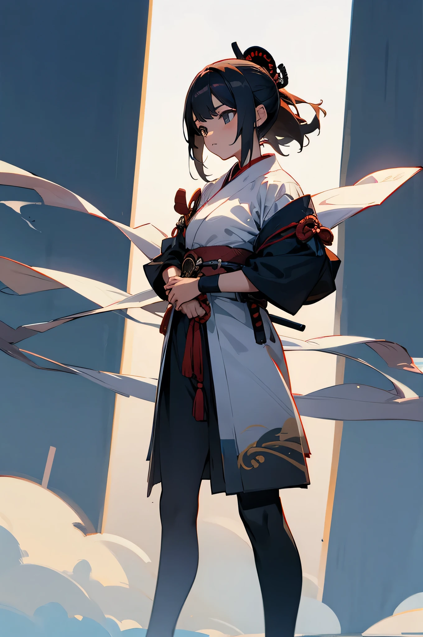 , Female, samurai Clothing, Standing pose, Town background