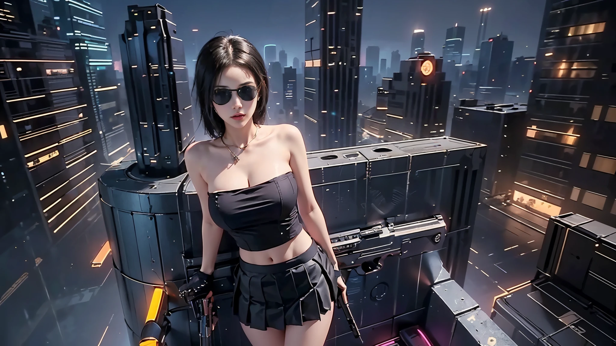 at night, futuristic sci-fi cyberpunk city, broad viaduct, skyscrapers at the end of the viaduct, the movie "13th Floor" style, hq. Matrix style, at night, (1girl, solo), photo realistic, (large-breast:1.2 slim body, cleavage), (((tube top, extreamly short pleated (((miniskirt))) exposing panty))), (((((matrix style black sunglasses))))), (((((aiming at camera with a (pistol)))))), (((half-body (thigh level) medium shot))), (cinematic lighting).