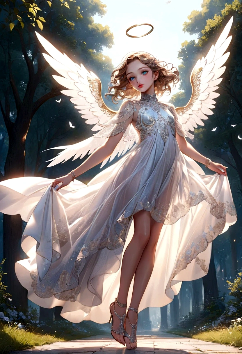 beautiful Angel, Wearing a gorgeous dress that covers the whole body, luxurly gawn,Floating in the air, angel wings, angel ring, outdoor, detailed face, detailed eyes, detailed lips, detailed nose, detailed foot, full body shot