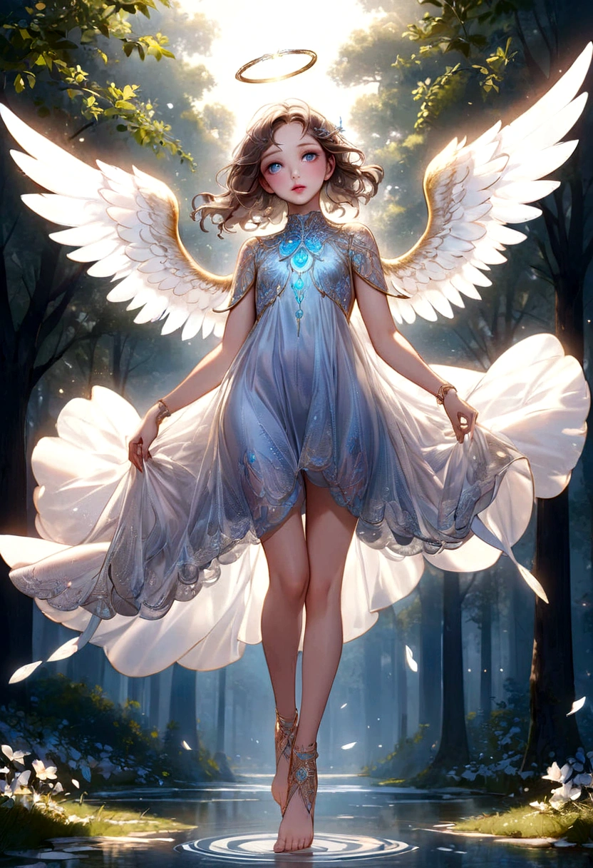 beautiful Angel, Wearing a gorgeous dress that covers the whole body, luxurly gawn,Floating in the air, angel wings, angel ring, outdoor, detailed face, detailed eyes, detailed lips, detailed nose, detailed foot, full body shot