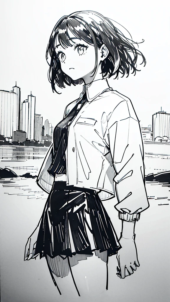 One Girl,Line art,Monochrome,sketch,Black and White,Pencil drawing,Traditional Media,Sketch,One Girl, skirt,Cute Teenage Girls, ,Beautiful portrait、Delicate body、Black Hair、Black Hair,landscape
