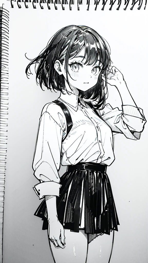 One Girl,Line art,Monochrome,sketch,Black and White,Pencil drawing,Traditional Media,Sketch,One Girl, skirt,Cute age Girls, ,Beautiful portrait、Delicate body、Black Hair、Black Hair,landscape