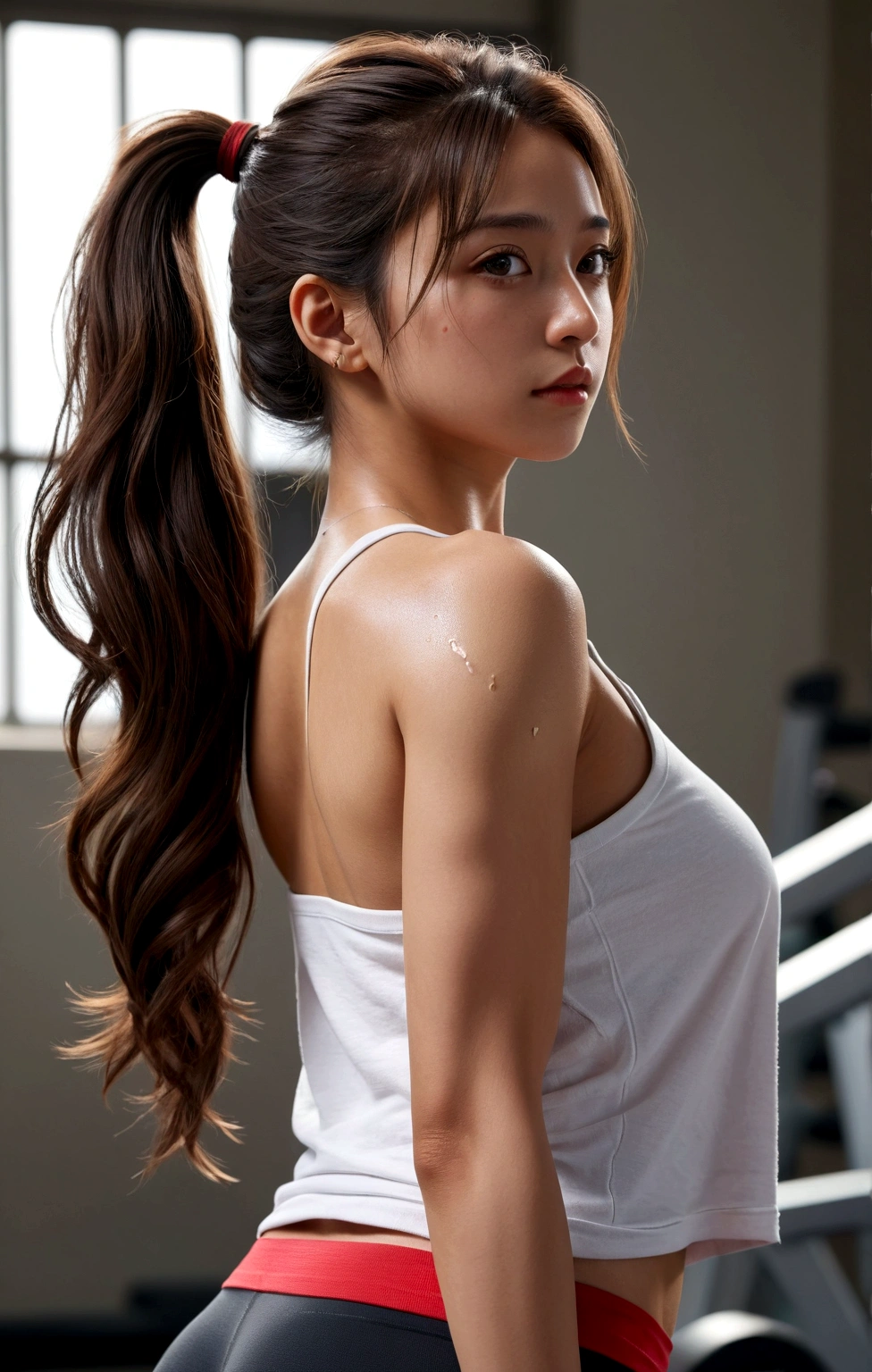 1girl, work out, (perfect anatomy proportion 1.6)(precision 1.5)(masterpiece) perfect face, long wavy hair, ponytail, rouge skin, close up shot, perfect torso, thirty degrees left view, lean to the left, bare shoulder, ((rip clothes 1.8)) t-shirt ((torn t-shirt 1.6)), wet, (super accurate 1.2)(super detailed 1.5), epic realism, photo art, cinematic portrait, highres 8k