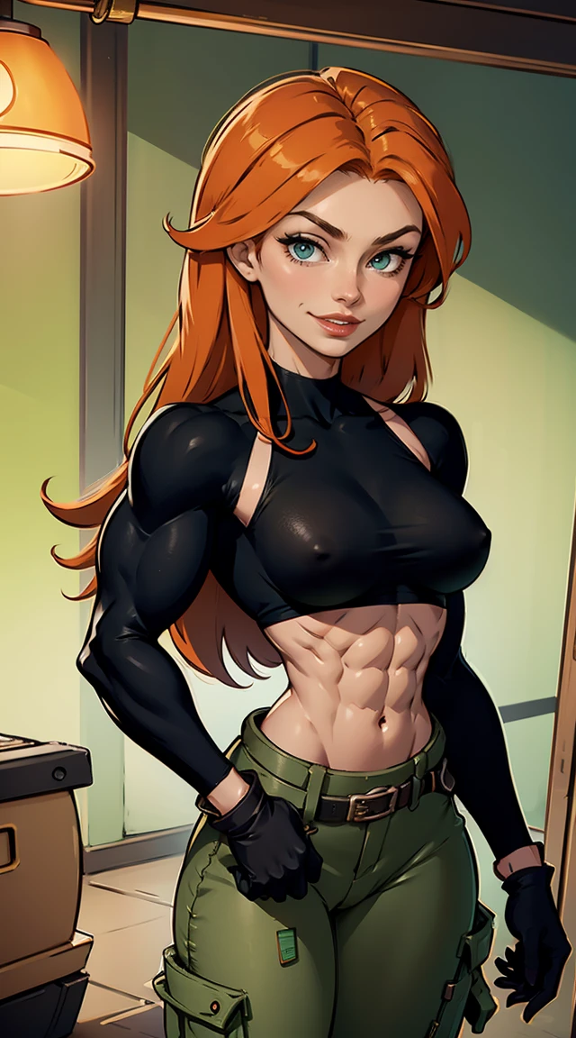 (Muscular:1.6), (thick thighs:1.6),
(long hair:1.3) orange-red hair, green eyes, pale skin,
eyeshadow,
detailed eyes, (big smile:1.6), detailed skin,
(small breasts:1.8),
(black crop top, black gloves, brown belt, long sleeves:1.3), (green cargo pants:1.5),
(upper body view:1.7), looking at viewer, (three quarter view:1.3),
(high tech room), rim lighting, two tone lighting, dimly lit, bokeh