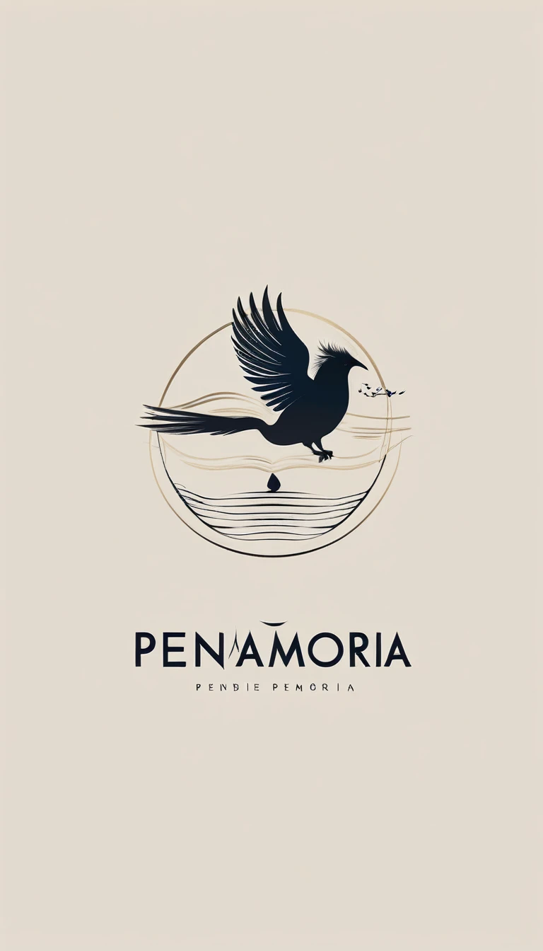 A minimal, modern, simple, cinematic logotype for the brand “Penamemoria". The logotype must be a simple, magical feather and a boy playing acoustic guitar. The logo must convey a sense of music, stories and dreams. Logo design impressed on a book cover. Minimalistic logo