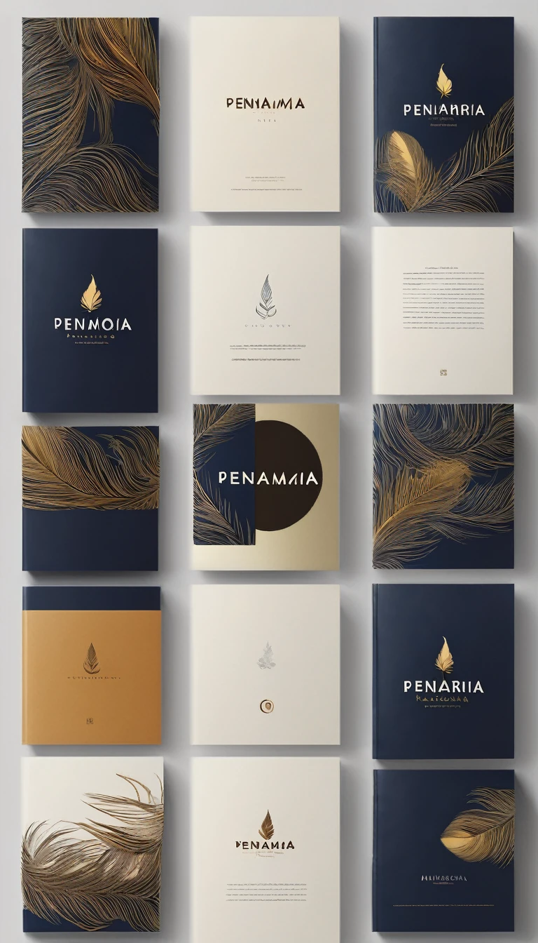 A minimal, modern, simple, cinematic logotype for the brand “Penamemoria". The logotype must be a simple, magical feather and a boy playing acoustic guitar. The logo must convey a sense of music, stories and dreams. Logo design impressed on a book cover. Minimalistic logo