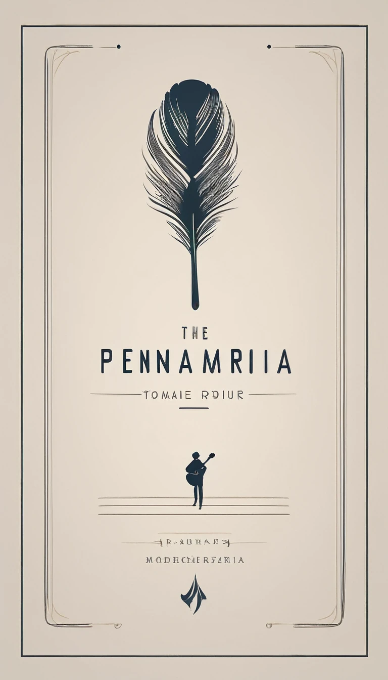A minimal, modern, simple, cinematic logotype for the brand “Penamemoria". The logotype must be a simple, magical feather and a boy playing acoustic guitar. The logo must convey a sense of music, stories and dreams. Logo design impressed on a book cover. Minimalistic logo