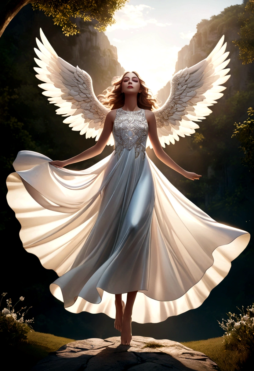 beautiful Angel, Wearing a gorgeous dress that covers the whole body, luxurly gawn,Floating in the air, angel wings, angel ring, outdoor, detailed face, detailed eyes, detailed lips, detailed nose, detailed foot, full body shot