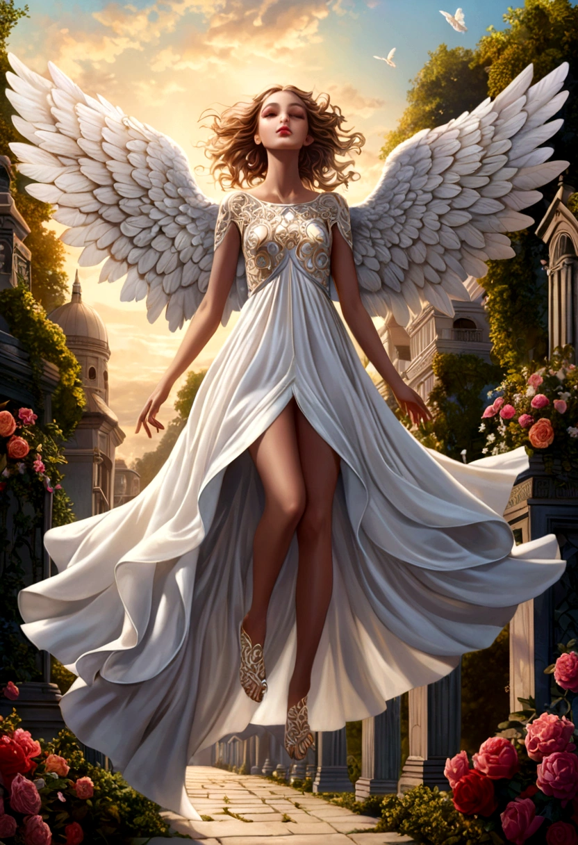 beautiful Angel, Wearing a gorgeous dress that covers the whole body, luxurly gawn,Floating in the air, angel wings, angel ring, outdoor, detailed face, detailed eyes, detailed lips, detailed nose, detailed foot, full body shot