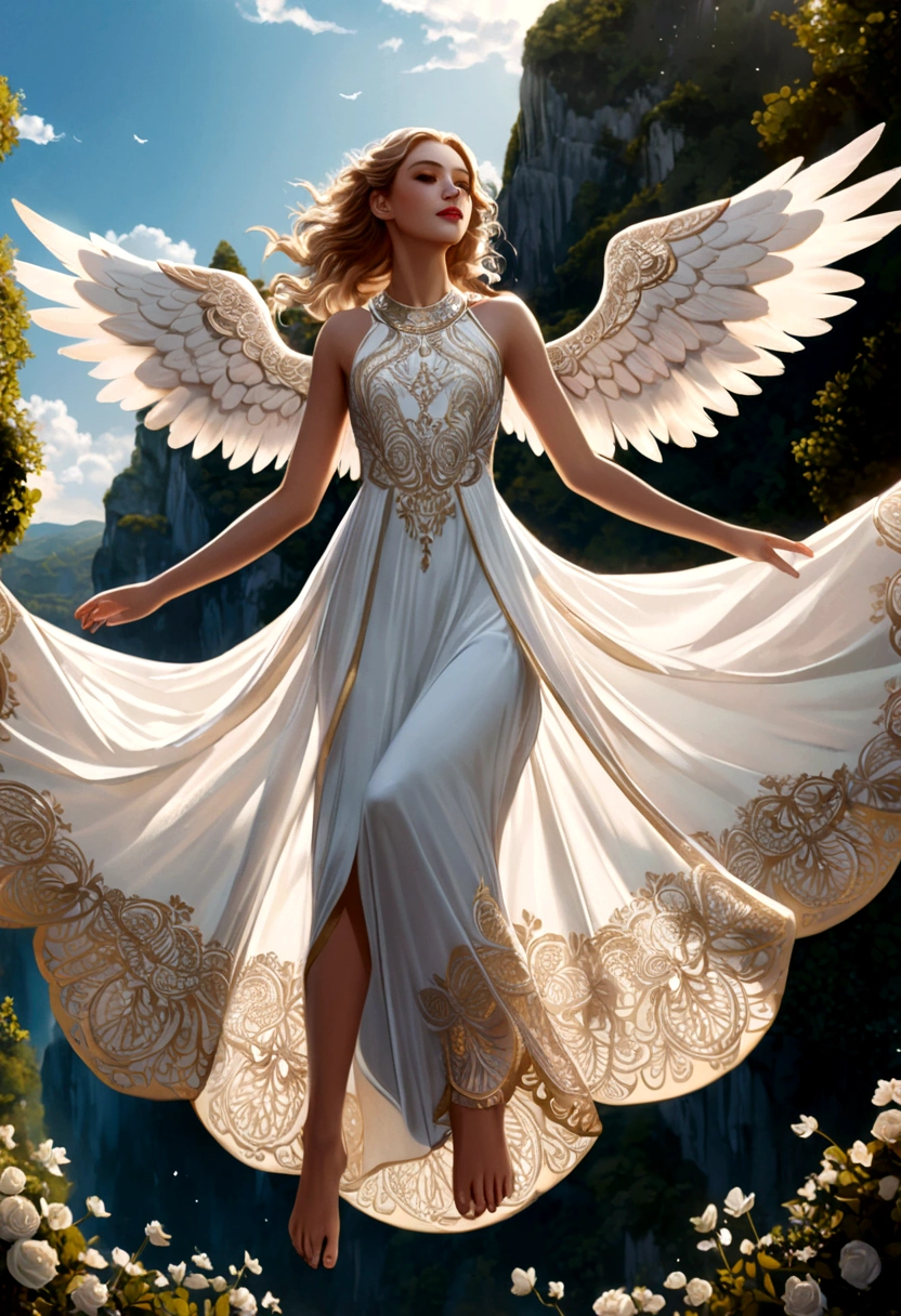 beautiful Angel, Wearing a gorgeous dress that covers the whole body, luxurly gawn,Floating in the air, angel wings, angel ring, outdoor, detailed face, detailed eyes, detailed lips, detailed nose, detailed foot, full body shot