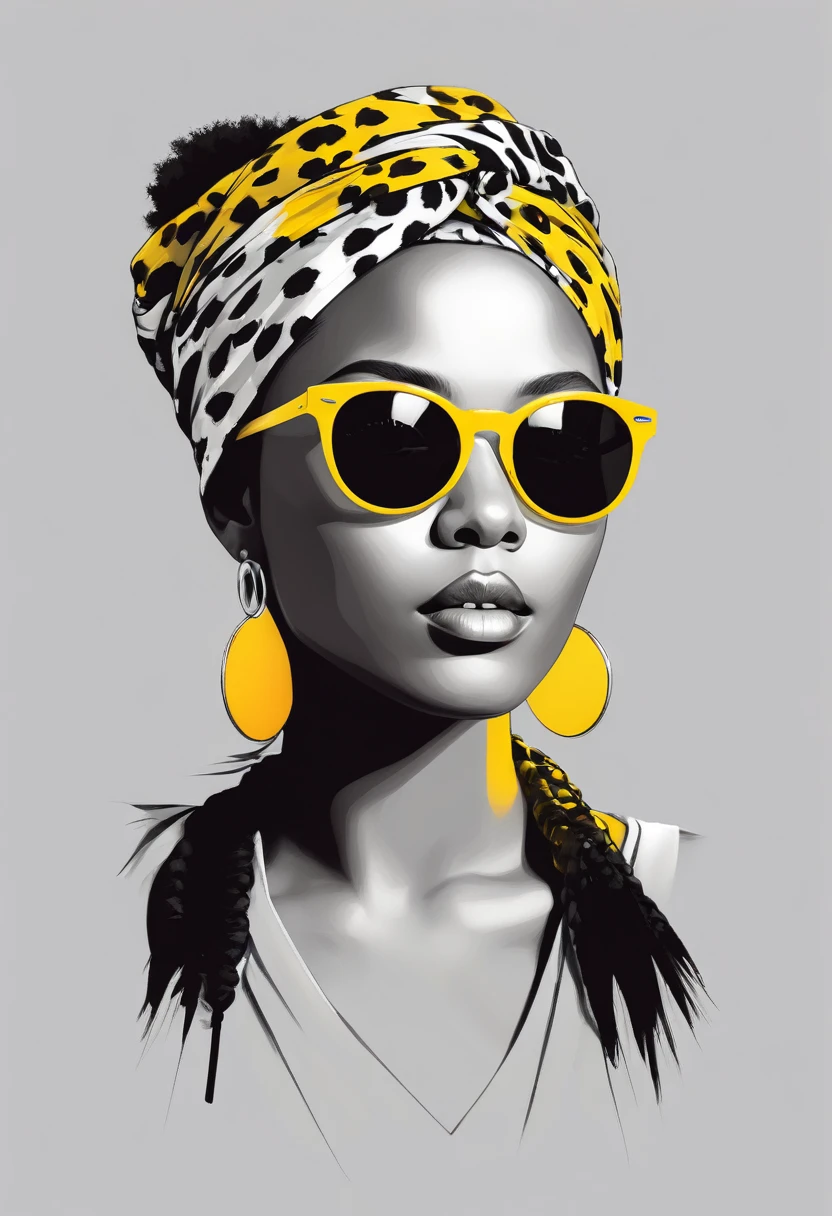 creative logo vector illustration black and white portrait of a beautiful young african woman with colorul outlines, cool sunglasses and yellow head wrap with blak dots( leopard skin ), digital art style by dan mumford, carne griffith, sketch, bold outlines, high definition, negative space, T-shirt design