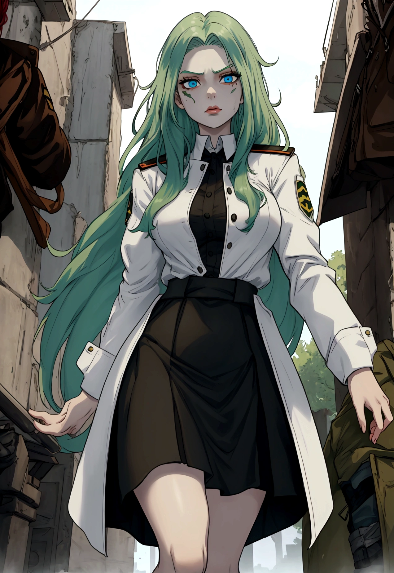 Girl with long green hair down to her knees, light blue eyes, White skin, small mole on your right cheekbone, big breasts, thin waist, big hips, white blouse, brown jacket, black skirt , military style boots, fleeing in a zombie apocalypse.