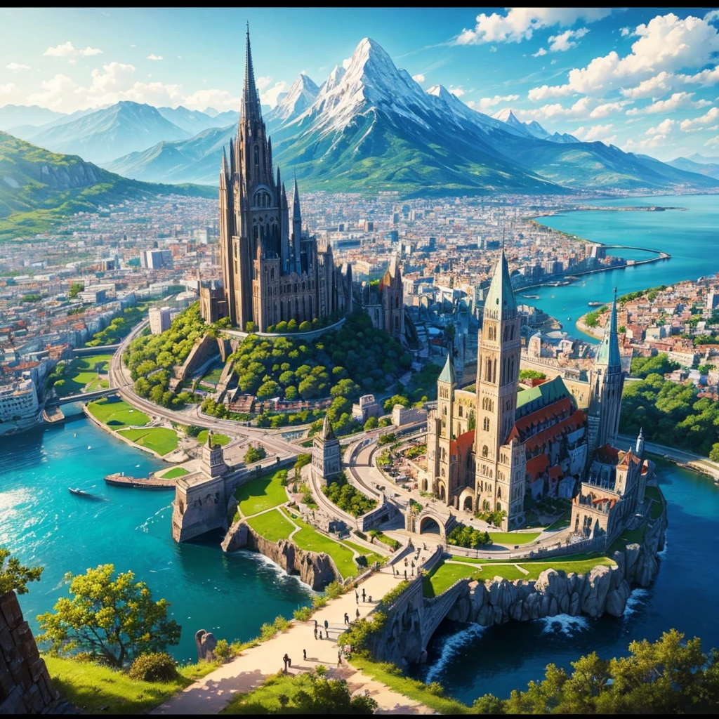 Generate an image of the most beautiful landscape that you can, make it look very beautiful, make it more detailed and beautiful, make it a cityscape