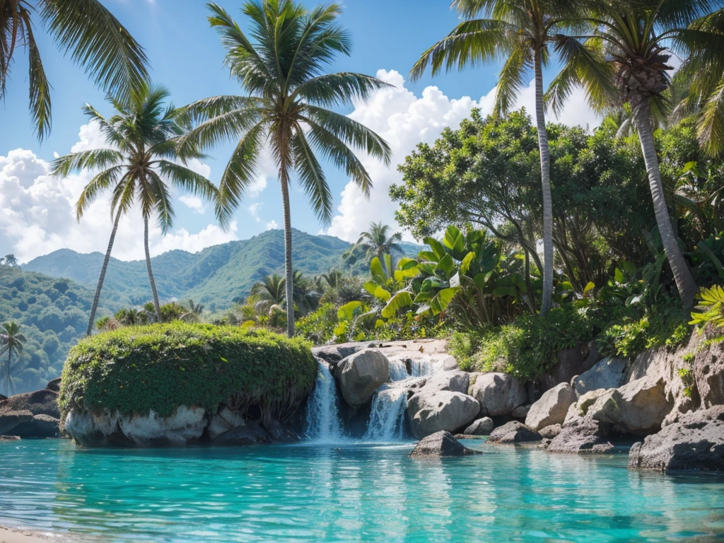 A serene beach with swaying palm trees, reflected in the calm turquoise waters, (best quality,4k,8k,highres,masterpiece:1.2),ultra-detailed,(realistic,photorealistic,photo-realistic:1.37),tropical paradise, golden sand, crashing waves, dramatic clouds, sunlight streaming through leaves, lush greenery, scenic coastal landscape, idyllic summer day, calming atmosphere, tranquil scene