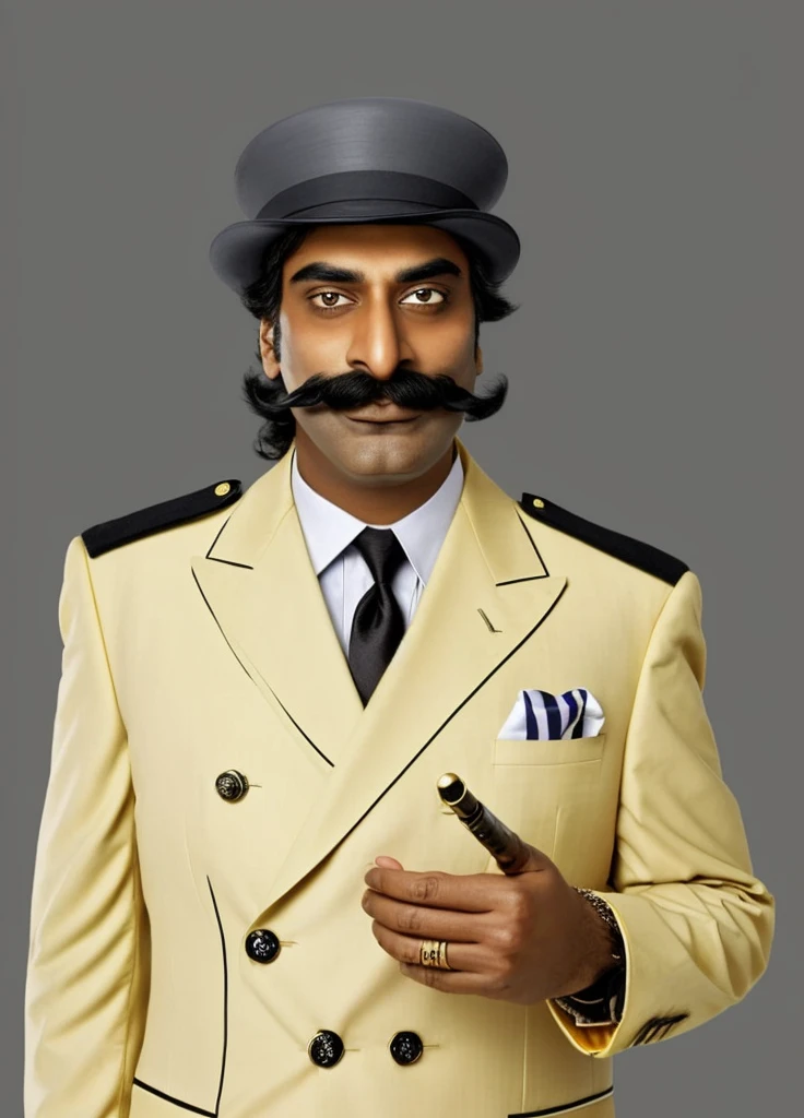 there is a man in a suit and hat with a mustache, Raj Koothrappali as Saul Goodman, inspired by Adolf Fényes, drdisrespect posing as napoleon, Waluigi as a real person, Raden Saleh, Dom Ramon, big mustache, inspired by Sudip Roy, inspired by Sardar Sobha Singh, inspired by Adolf Dietrich