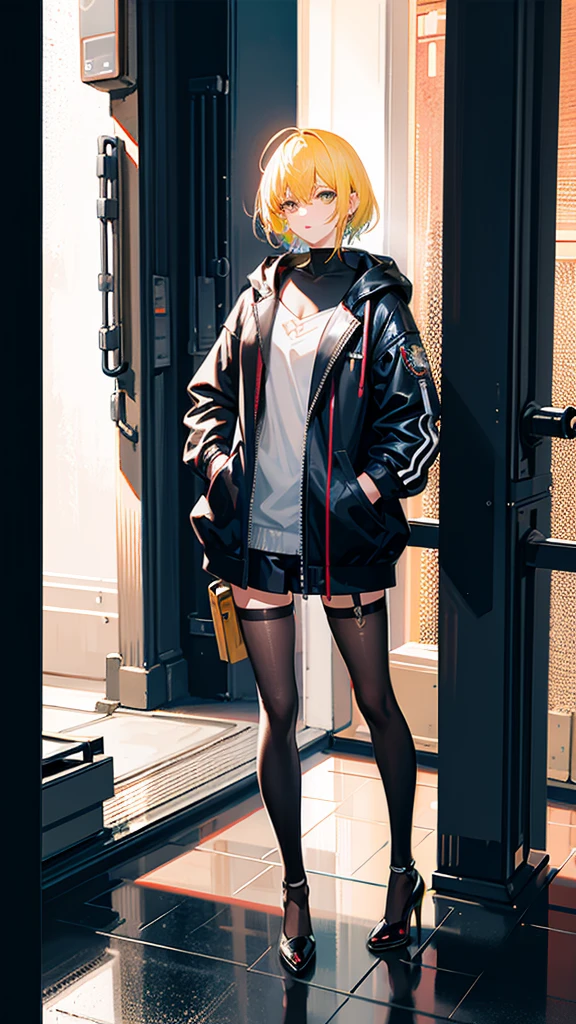 1 girl, short yellow hair, cyberpunk, Alice in Wonderland, black high heels, hand in pocket, best quality, 4k, 8k, highres, masterpiece:1.2, ultra-detailed, realistic, photorealistic, photo-realistic:1.37, HDR, UHD, studio lighting, ultra-fine painting, sharp focus, physically-based rendering, extreme detail description, professional, vivid colors, bokeh, concept art