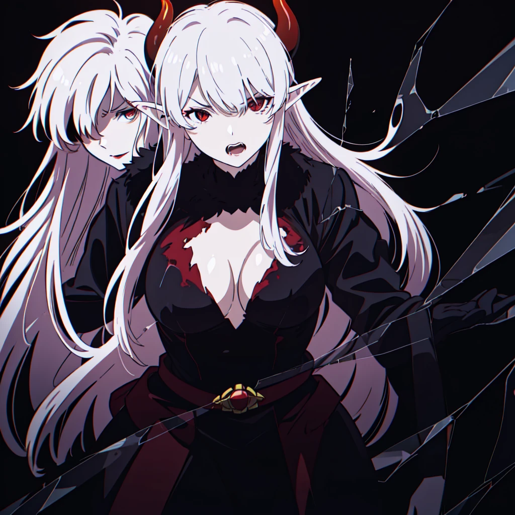 ((1adult woman,solo,milf,mature female)),red eyes,red lipstick,horns,angry,white hair,long hair,black dress,cleavage,elf ears,(((hair over one eye))),black background,broken glass