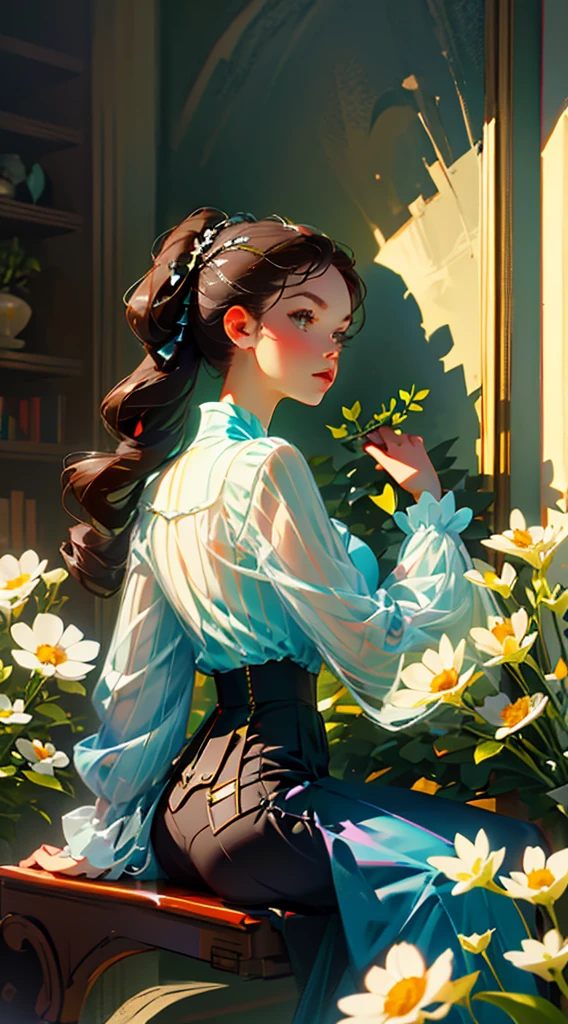 A girl sitting with her back is arranging different kinds of flowers in several vases. Describe the following atmosphere using various flowers