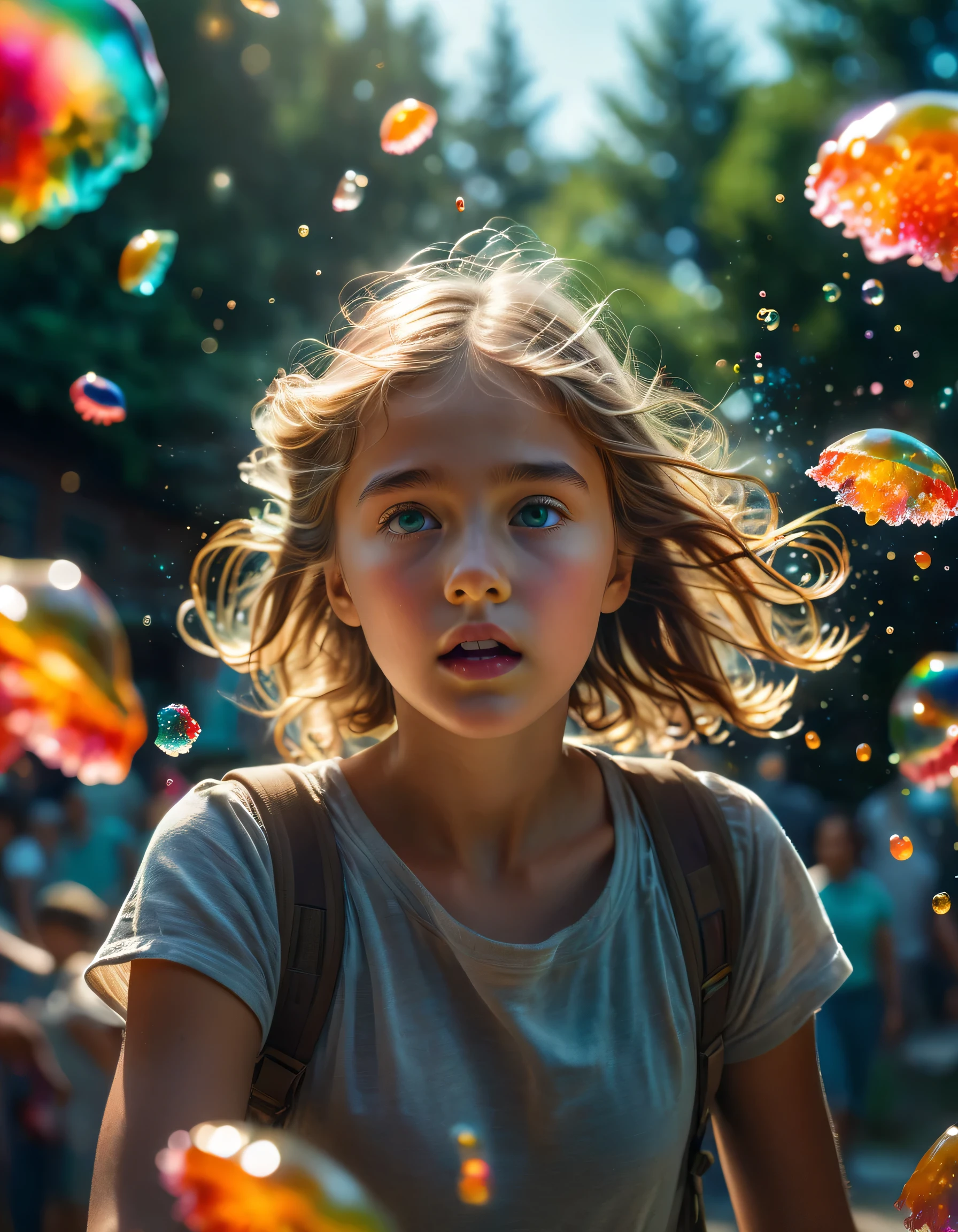 The colorful jelly flew through the air and landed on the young girl, enhancing her mesmerizing appearance., cinematic shot + dynamic composition, incredibly detailed, sharpen, details + intricate detail + professional lighting, film lighting + 35mm + anamorphic + lightroom + cinematography + bokeh + lens flare + film grain + HDR10 + 8K + Roger Deakins, ((cinematic))