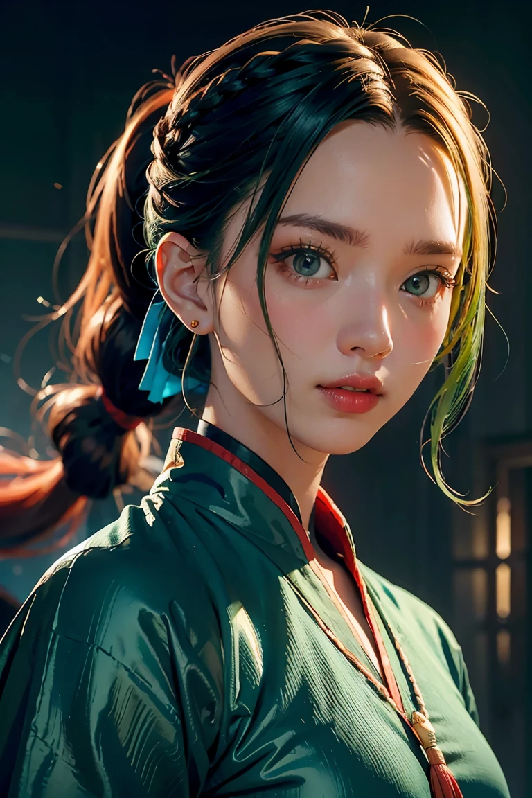 anime, hda, a close up of a woman with ((red braided low ponytail hair)) and (((the most beautiful green eyes))) in (((blue outfit))), (((determined)), 8k, Unreal Engine 5, octane render, by kyun, gamang, Yoon Gon-Ji, g.ho, gosonjak, shuroop, serious, domi, noah, trending on pixiv, fanbox, skeb, masterpiece, detailed face, smooth soft skin, big dreamy eyes, beautiful intricate colored hair, symmetrical, anime wide eyes, soft lighting, concept art, digital painting, 