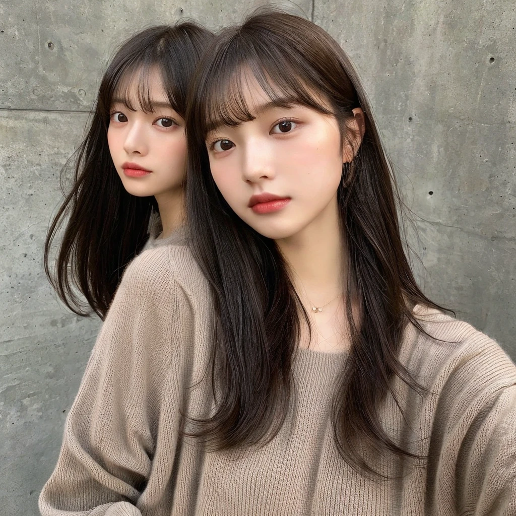 (highest quality、16K resolution)1 girl、solo、natural soft light、small breasts、japanese woman、look at the camera、wearing a black sweater、(concrete background)、facing the front、standing、beaver、Woman in her late s、light bangs、(long hair)、salon model、natural look、Portrait、floating hair、straight hair、brown hair