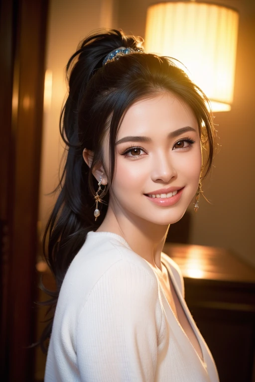 a gorgeous busty woman, ponytail, singer, artist, beautiful detailed smile, beautiful detailed teeth, POV, lover, cinematic dramatic lighting, (best quality,4k,8k,highres,masterpiece:1.2),ultra-detailed,(realistic,photorealistic,photo-realistic:1.37),HDR,UHD,studio lighting,ultra-fine painting,sharp focus,physically-based rendering,extreme detail description,professional,vivid colors,bokeh,portrait,photorealistic,cinematic