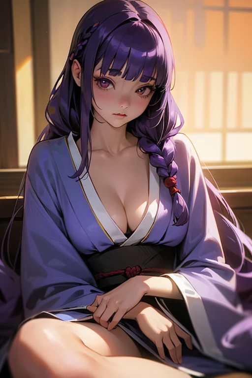 1 Girl, Blunt bangs, Braiding, Wide sleeves, hair ornaments, kimono, Says Obi, (Purple Hair:1.2), Very long hair, Straight hair, Looking at the audience, Highly detailed background, (Realistic:1.2), Beautiful Eyes, Red eyeshadow, Written boundary depth，thigh, (Urzan-6500:0.7), Upper Body, (alone:1.2), , Cleavage,,Shiny skin、(Belly button exposed)、(Crossing your legs)
