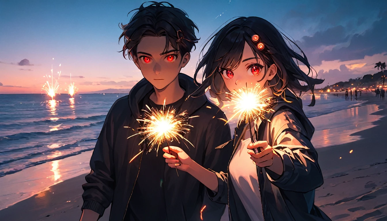 Man and woman playing sparklers, teenager, cyberpunk, red eyes, glowing eyes, beach, sparkler