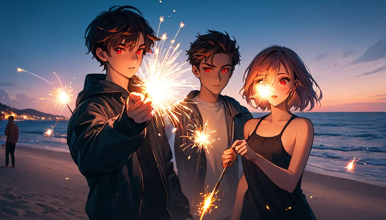 Man and woman playing sparklers, teenager, cyberpunk, red eyes, glowing eyes, beach, sparkler