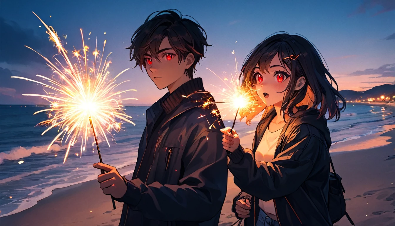 Man and woman playing sparklers, teenager, cyberpunk, red eyes, glowing eyes, beach, sparkler