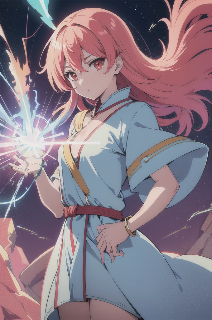 (flat color:1.3),(colorful:1.3),(masterpiece:1.2), best quality, original, extremely detailed wallpaper, looking at viewer, upperbody shot of a girl infused with lightning, fully clothed with blue long robe, highly detailed, extremely detailed, red eyes, electric, red moon, Rays of Shimmering Light, Cinematic Lighting, Matte, Stone, Milky Quartz, Opalite, Jewelry, Silk, Feathers, Water splash, Fog, Electric, Electricity, sparks, lensflare, rim lighting, backlighting, Bracelet, Chromatic Aberration, RTX, Post Processing