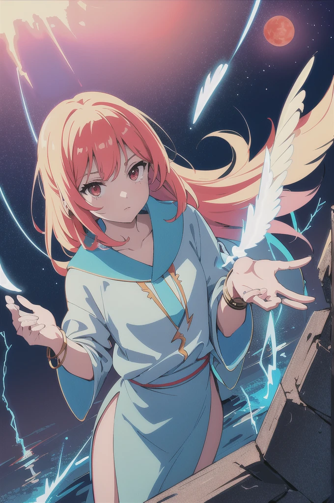 (flat color:1.3),(colorful:1.3),(masterpiece:1.2), best quality, original, extremely detailed wallpaper, looking at viewer, upperbody shot of a girl infused with lightning, fully clothed with blue long robe, highly detailed, extremely detailed, red eyes, electric, red moon, Rays of Shimmering Light, Cinematic Lighting, Matte, Stone, Milky Quartz, Opalite, Jewelry, Silk, Feathers, Water splash, Fog, Electric, Electricity, sparks,  lensflare, rim lighting, backlighting, Bracelet, Chromatic Aberration, RTX, Post Processing