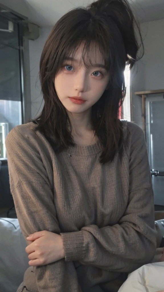 miss, Large Breasts, Red hair, blue eyes, Transparent sweater, Small chin