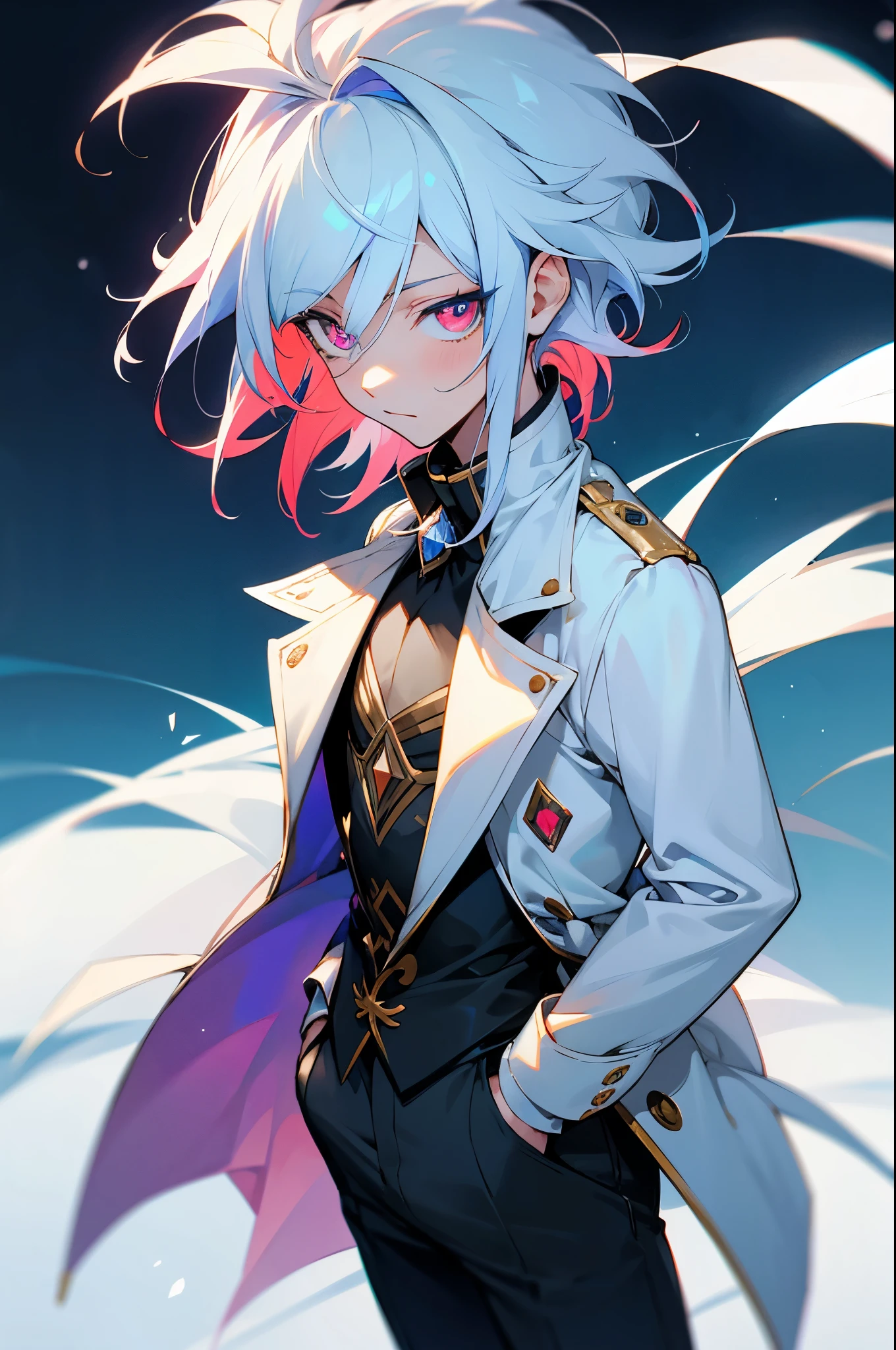 anime boy, neve,(Masculino),jaqueta,diamond, multicolored hair, multicolored eyes, arms in pockets
