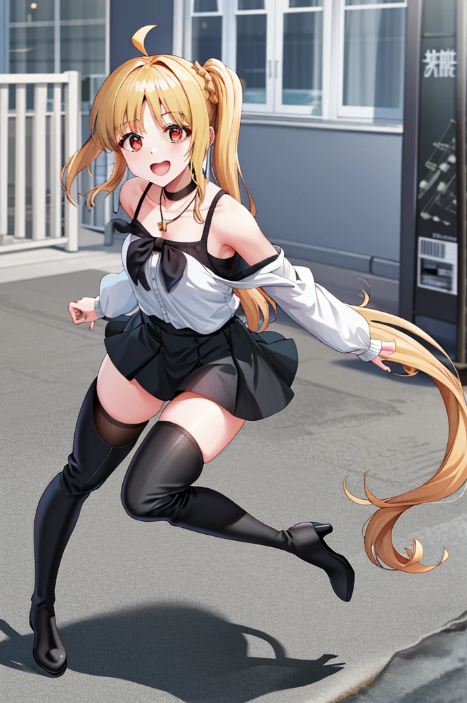 1girl,, Solo,, Thigh boots, Thighs, Boots, Long hair, High heels, Necklace,, Black footwear, White background, Small off shoulder, Full body, Bangs looking at the viewer, Masterpiece, Best Quality, High Definition, In1, Side Ponytail, Long Hair, Ahoge, Top Teeth,Low Angle, Mini Skirt Shirt Absolute realm Scary face Eyes without highlights Psychopath