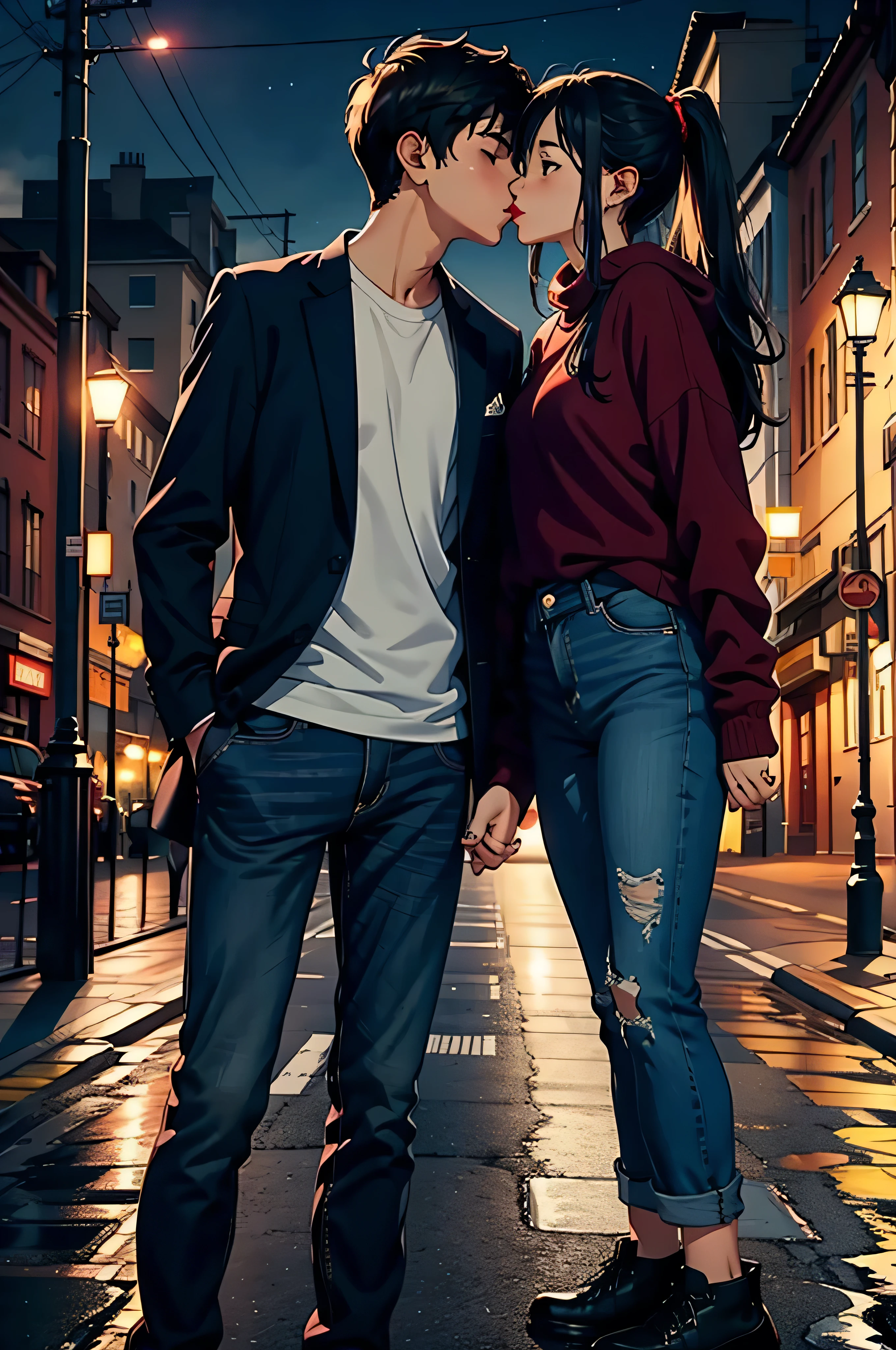 (Masterpiece), High Quality, 2teenagers, Boyfriend and Girlfriend, 16 years boy, Romantic Kiss, Outdoor Scene, (Boy with braces, Blue eyes, Casual shirt), (Girl with ponytail, Red lips, Jeans), Nighttime, (Soft glow from streetlights), Embraced in a hug, Cheek to cheek, Revealing smile, (Kiss on the cheek:1.5), Unspoken love, Passionate glances, Detailed backdrop of city lights, (Full body shot), Close-up, (1boy and 1girl, a couple:1.5),
(Masterpiece), High Quality